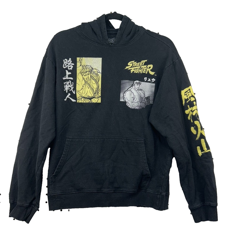 Street Fighter Hoodie Mens Medium Ryu Anime Graphic Black Pullover Capcom